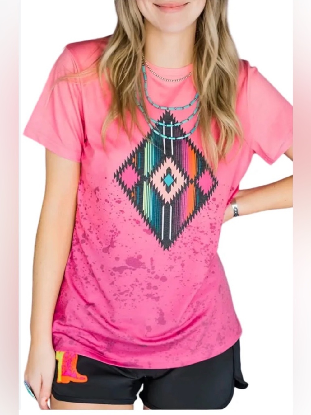 Pink Geometric Aztec Graphic Tee - Women's Crewneck
